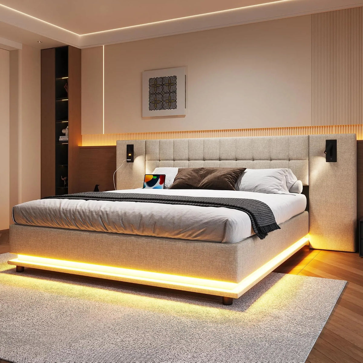 Sweiko Sommier Rembourré 180x200cm avec Bande LED — avec port USB, affichage LED, 180 × 200cm, 180cm, beige, revêtement en tissu