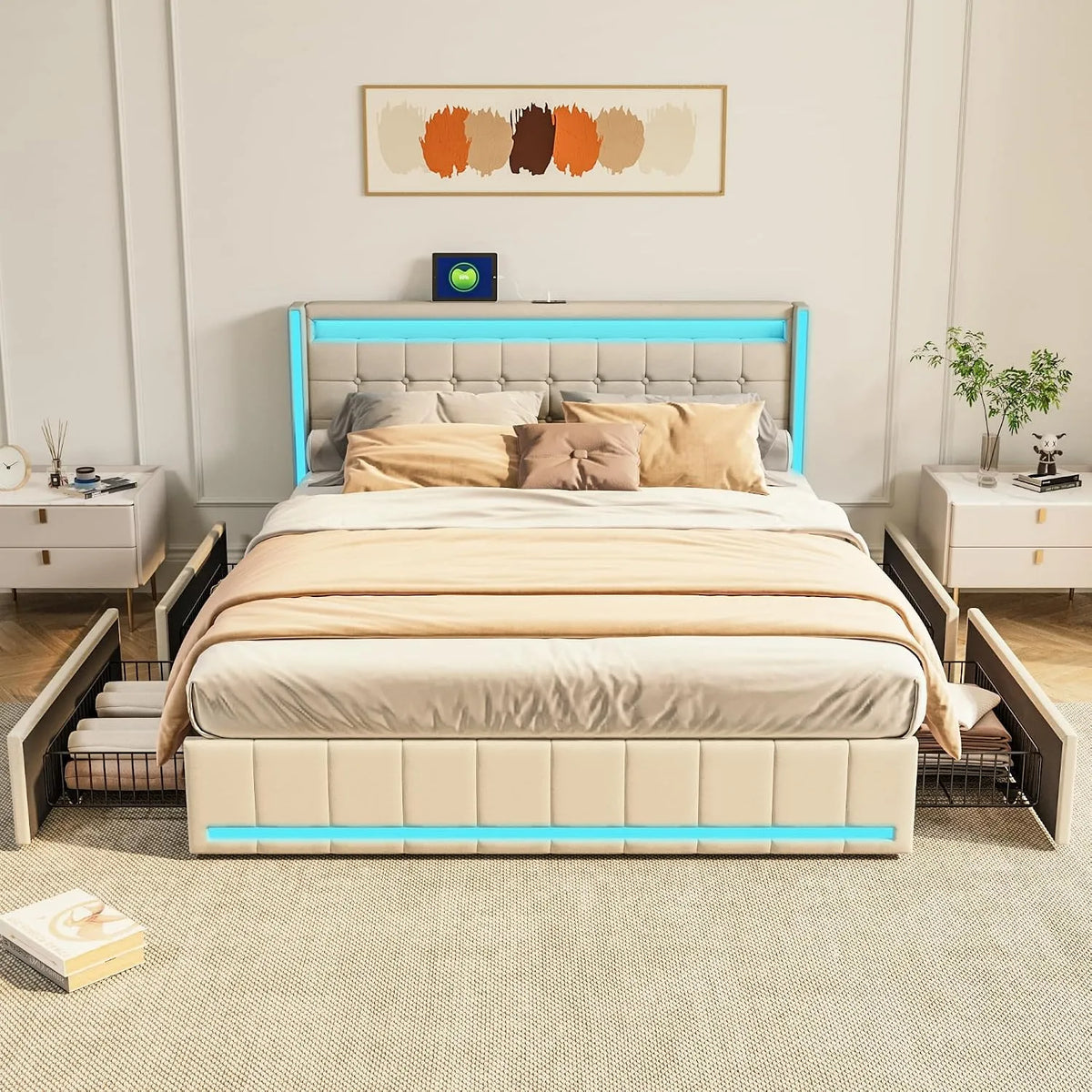 Lit rembourré et cadre de lit tapissé: en bois, avec rangement, avec tiroirs, avec port USB, 4 tiroirs, 140 × 200 cm, blanc, avec rangement intégré