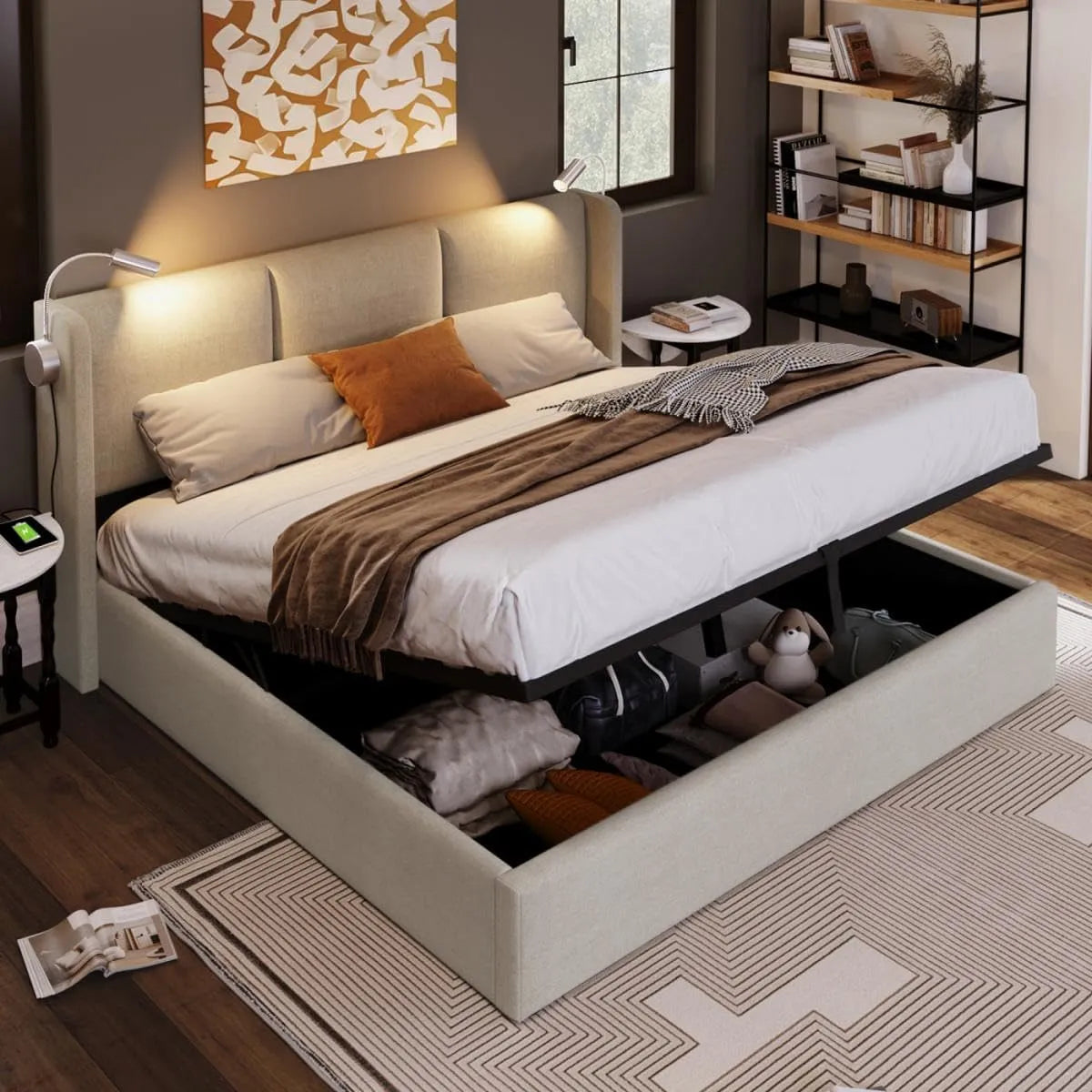 Sweiko Rembourré Cadre de lit et structure de lit 140x200 cm avec éclairage LED — avec rangement, avec port USB, affichage LED, 140 × 200 cm