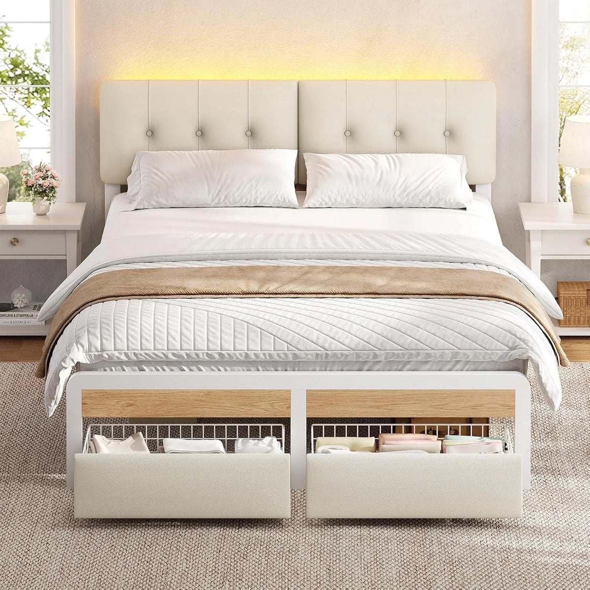 Lit 140x190 avec Sommier et Éclairage LED – en métal, avec tiroirs, réglable, affichage LED, 2 Tiroirs, 140 × 190, blanc
