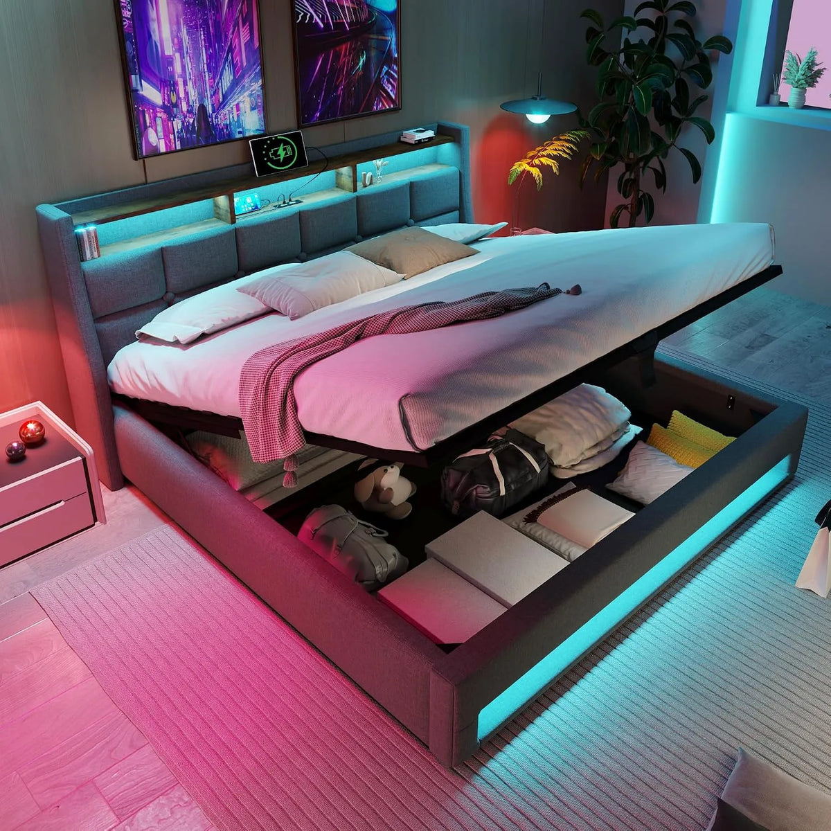 Lit 180x200 avec Sommier LED et USB – avec rangement, avec port USB, affichage LED, 180 × 200, revêtement en tissu