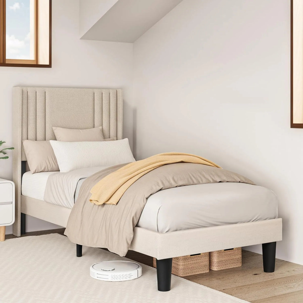Lit rembourré et cadre de lit tapissé – 90 × 200 cm, beige