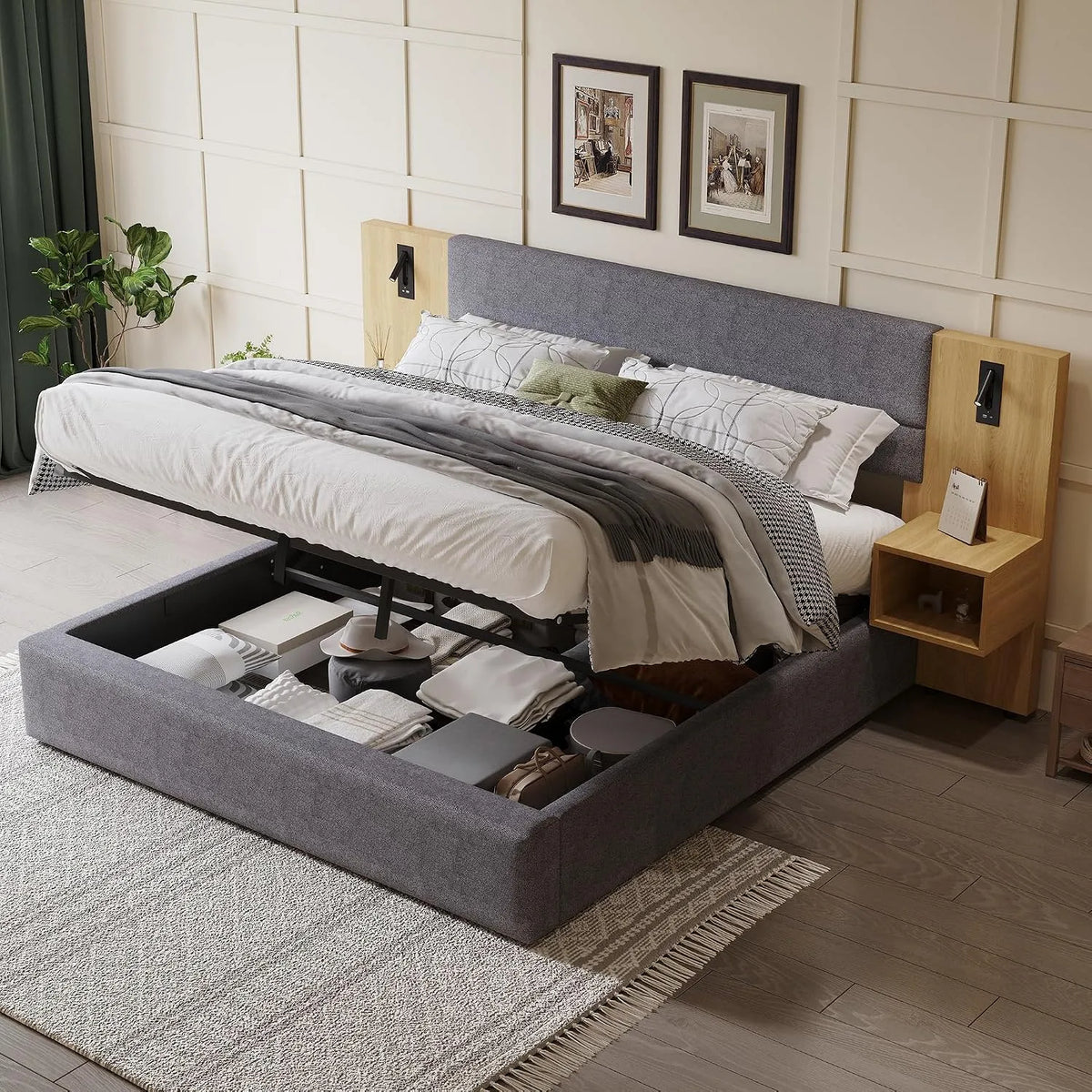 Lit coffre 160 x 200 avec sommier à lattes: avec rangement, avec port USB, 160 × 200, gris, avec éclairage LED, revêtement en velours