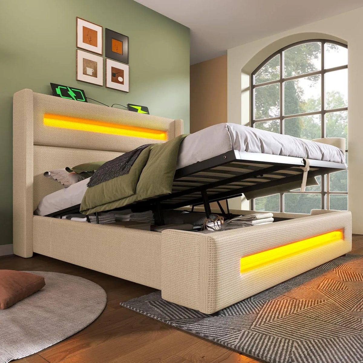 Sweiko Lit Simple Capitonné 140x200 cm — en métal, en bois, avec rangement, avec port USB, 140 × 200 cm, beige, avec éclairage LED