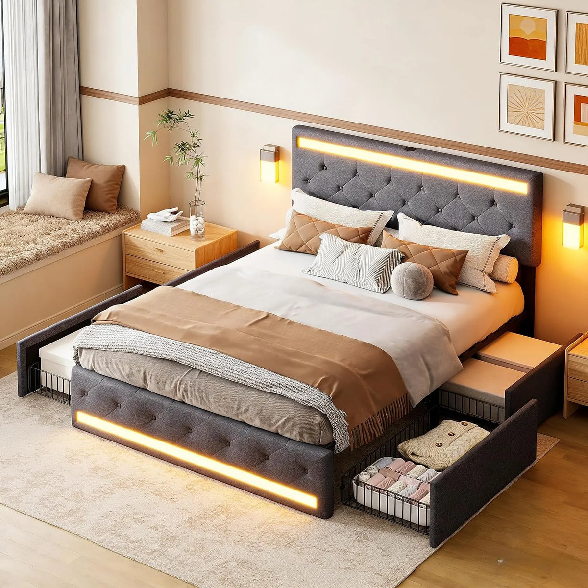 Lit double rembourré: avec rangement, avec tiroirs, avec port USB, affichage LED, 4 tiroirs, 140 × 200 cm, 180 × 200 cm