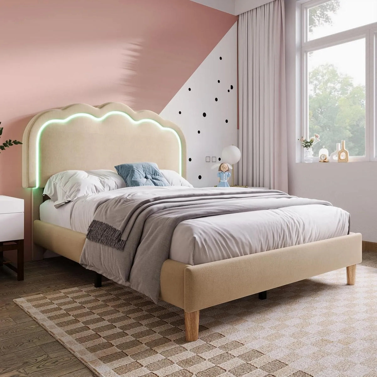 Lit rembourré et cadre de lit tapissé: pour enfant, en bois, affichage LED, 90 × 190 cm, beige, revêtement en tissu