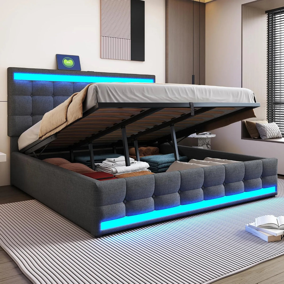 Lit Coffre Double 180x200 cm avec Rangement Coffre: avec port USB, affichage LED, 180 × 200 cm, gris, revêtement en tissu