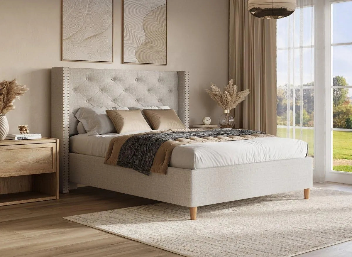 DecoInParis Lit Double en Tissu capitonné Beige 160x200 cm Margot: revêtement en tissu, 160 × 200 cm