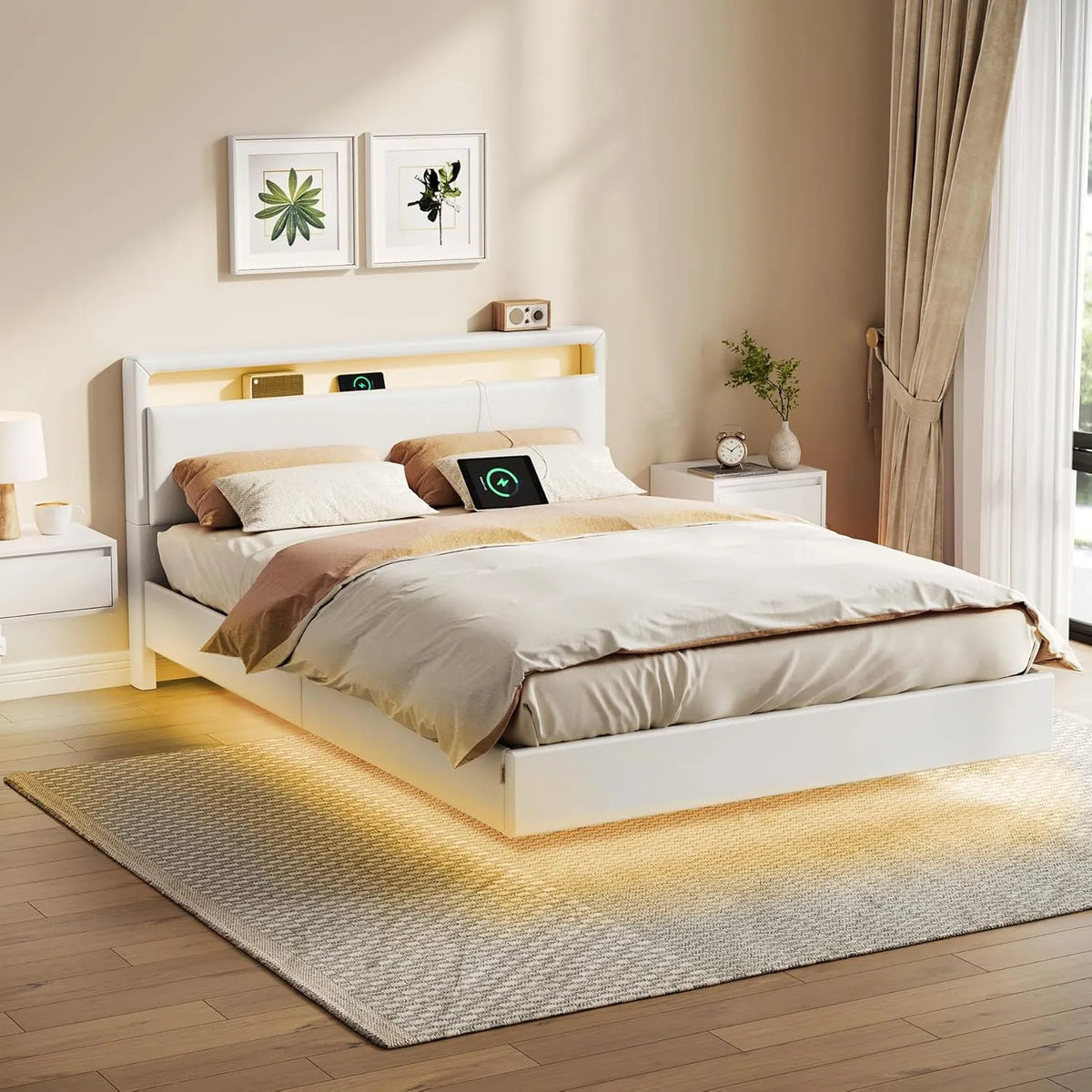 VASAGLE RMB863W01 Lit Double 140 x 190 cm — affichage LED, 140 × 190 cm, blanc