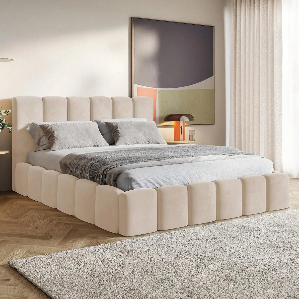 Nunu Cadre de lit et structure de lit Bubble 180x200: avec rangement, 180 × 200, beige, revêtement en velours, revêtement en tissu