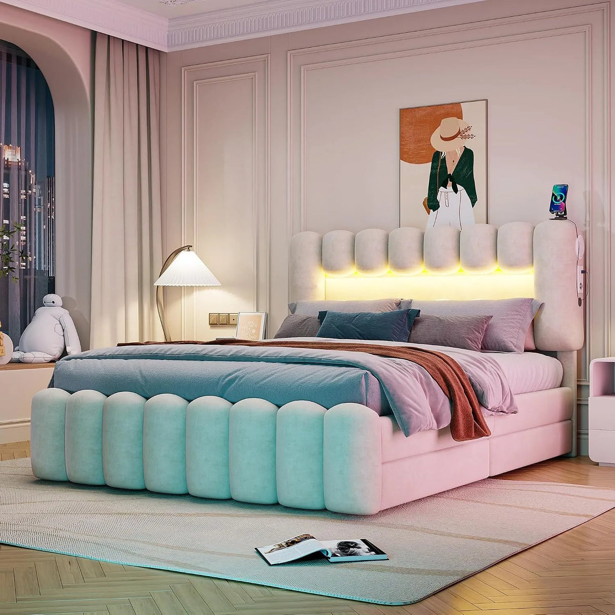 Lit double rembourré – avec tiroirs, avec port USB, affichage LED, 4 tiroirs, 160 × 200 cm, beige, revêtement en tissu