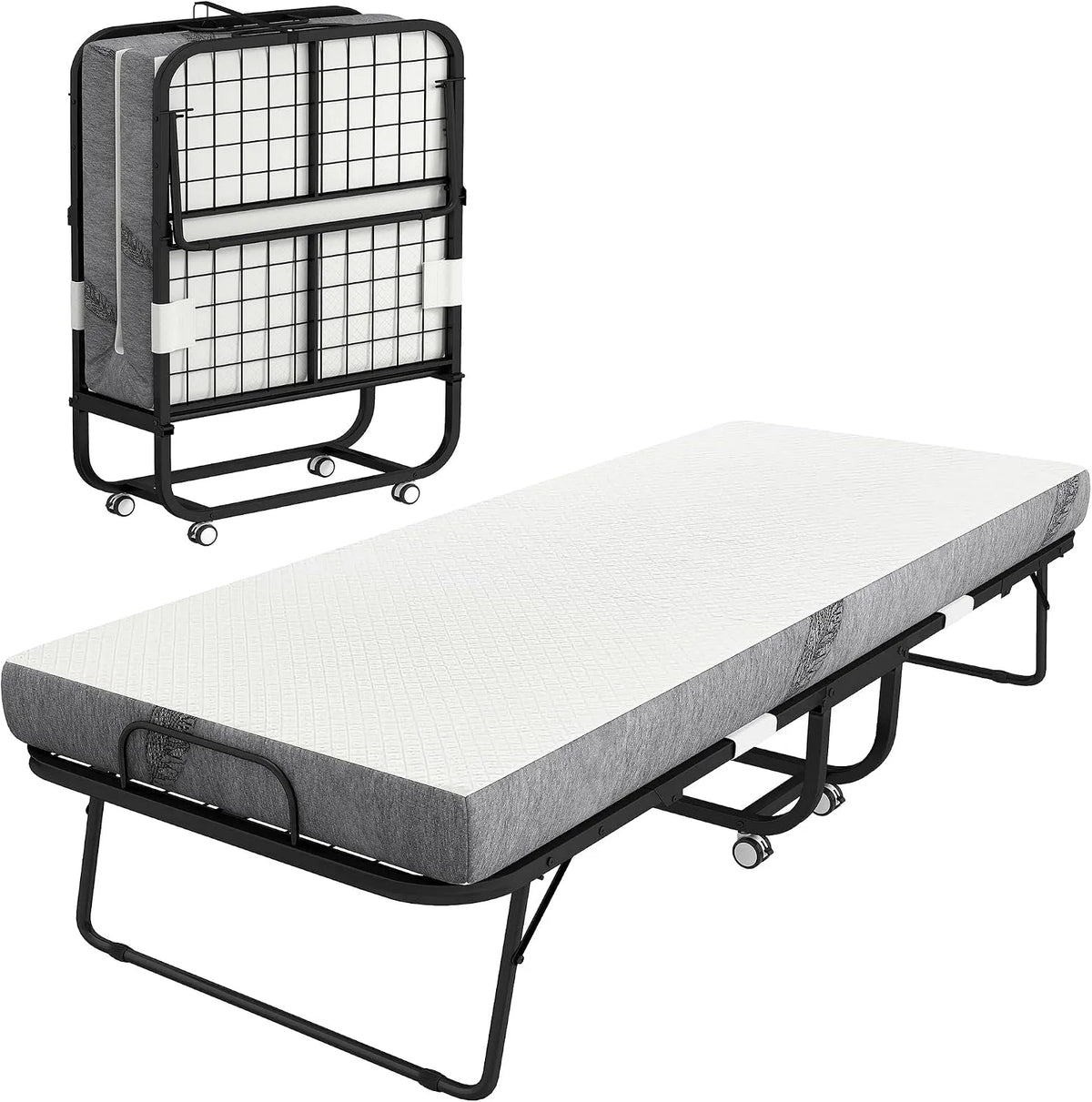 HOMCOM Lit Pliant 1 Personne 200 x 80 cm avec Matelas – en acier, rembourrage en mousse, pliable, avec roulettes, 200 × 80 cm, 12, 7 cm, blanc