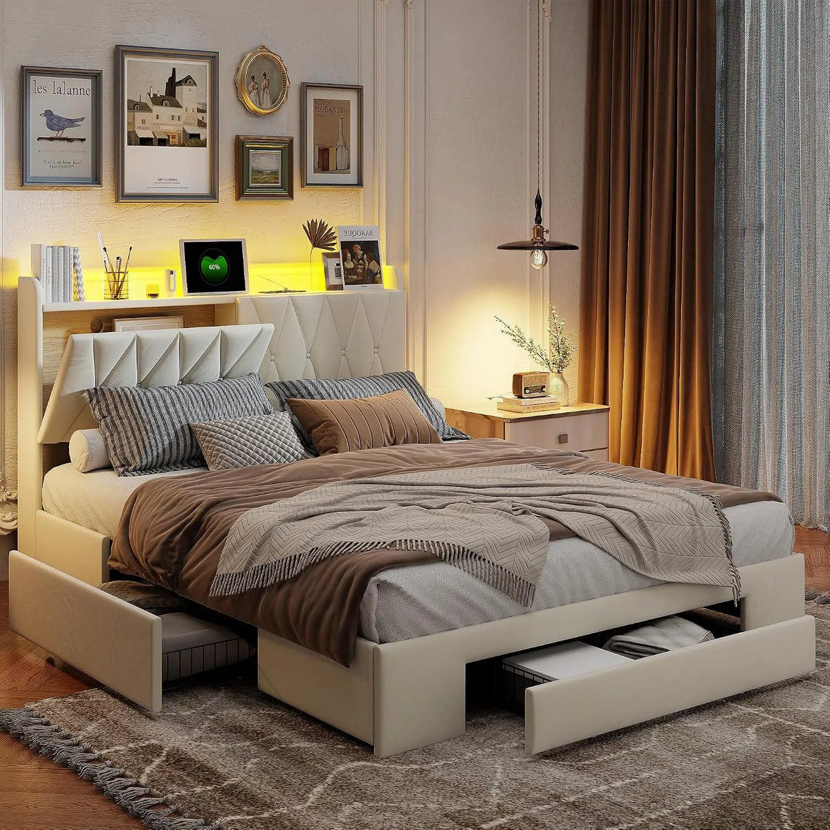Lit 160x200 avec Sommier LED et USB — avec rangement, avec tiroirs, avec port USB, affichage LED, 4 Tiroirs, 160 × 200, 160 × 200 cm