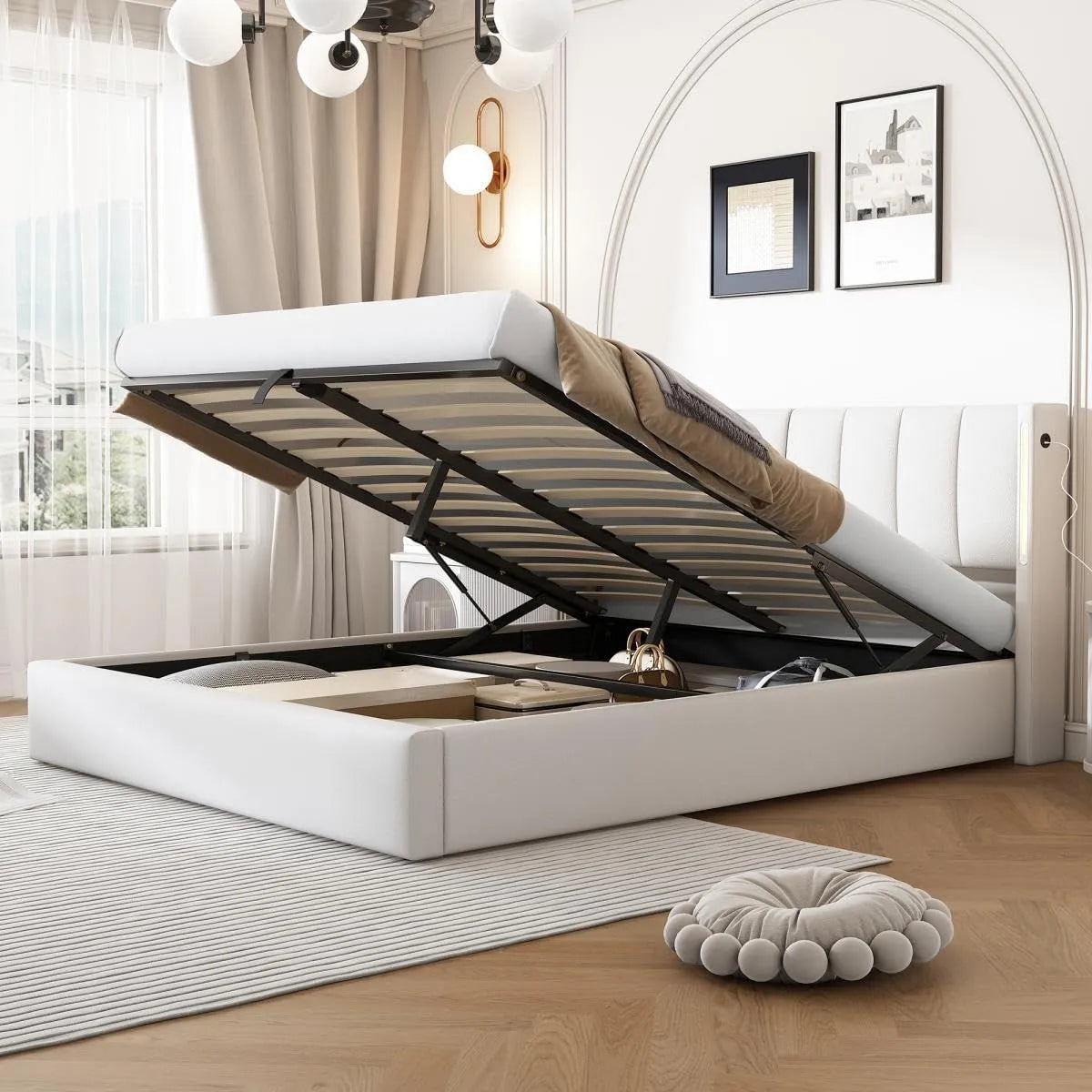Lit rembourré et cadre de lit tapissé – avec rangement, avec port USB, réglable, affichage LED, 180 × 200 cm, blanc