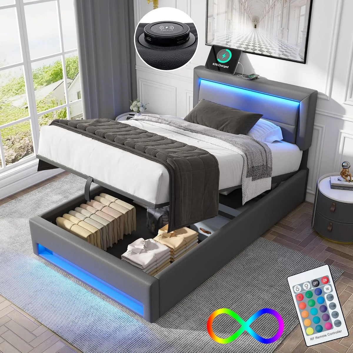 Lit 90 x 190 avec Sommier LED et USB Charge sans: avec rangement, avec port USB, affichage LED, 90 × 190, revêtement en tissu