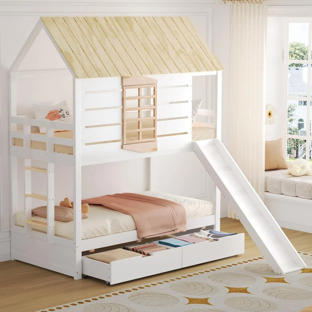 Lit superposé et lit mezzanine – avec tiroirs, avec toboggan, avec échelle, 2 tiroirs, 90 × 200cm