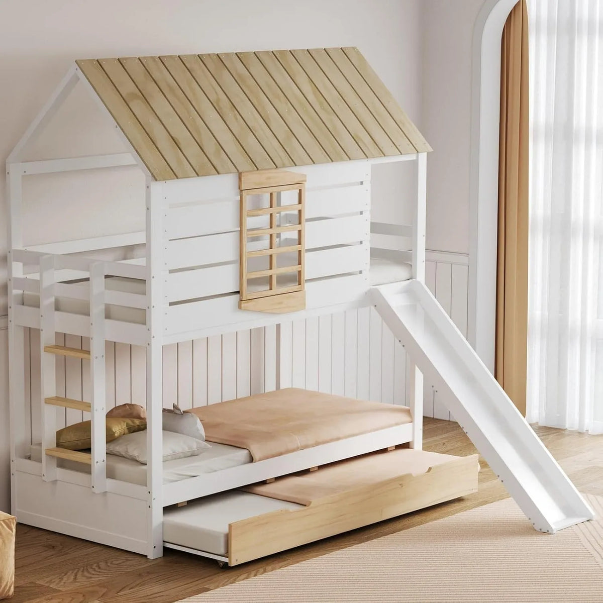 Lit superposé et lit mezzanine — avec toboggan, avec échelle, 90 × 200cm, blanc