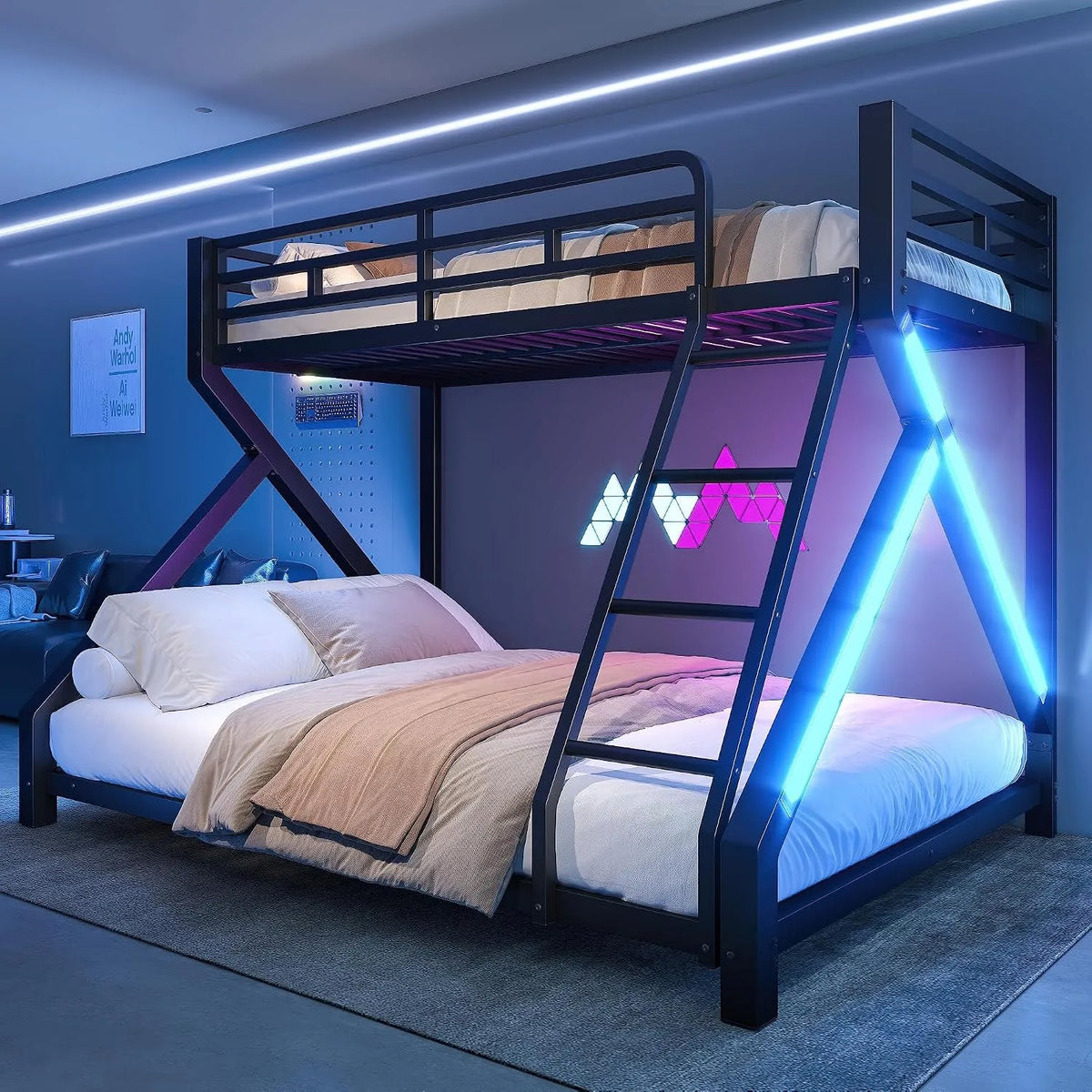 Lit superposé et lit mezzanine — pour enfant, avec échelle, affichage LED, 2 Places, 90 × 200, 140 × 200cm, noir