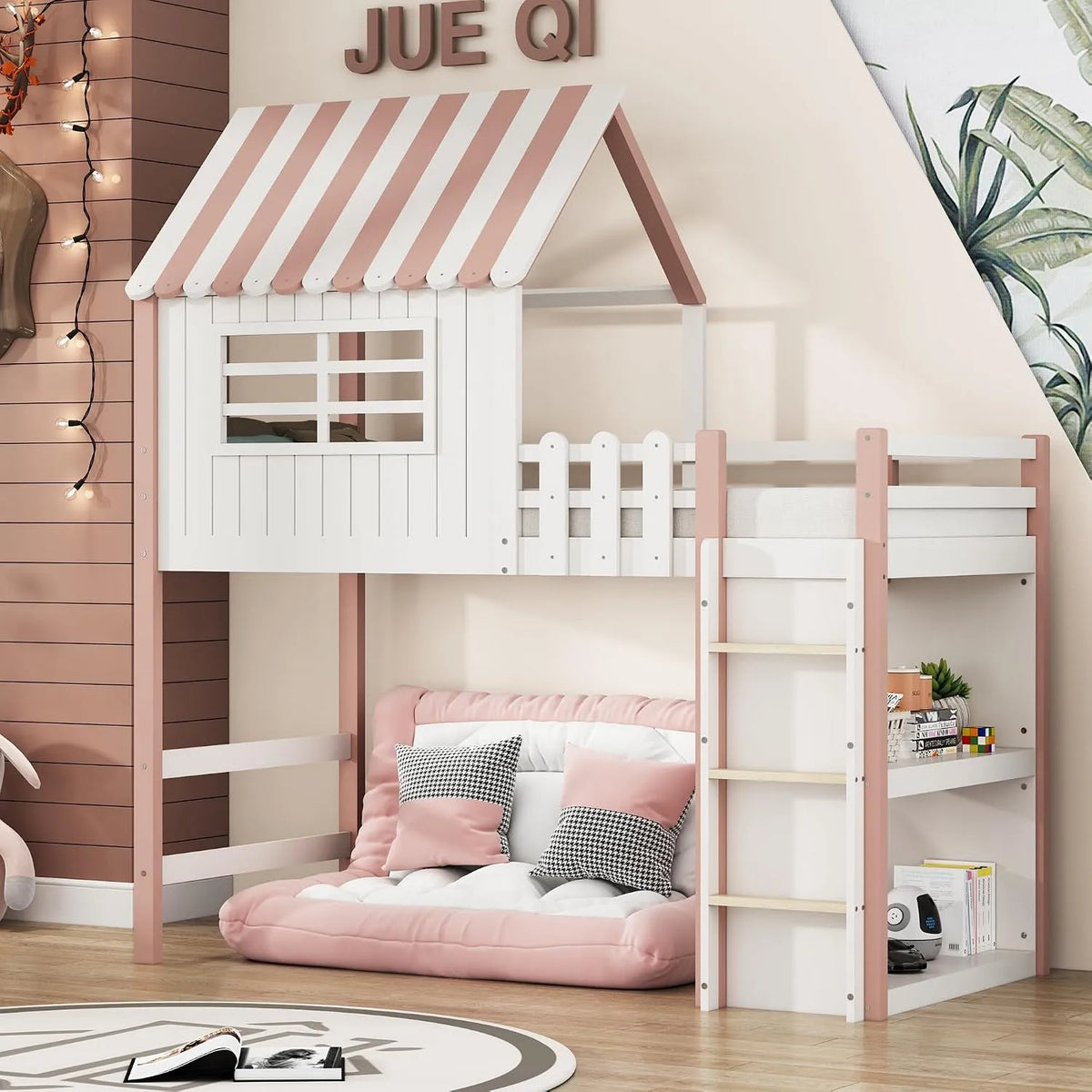 Lit mezzanine – pour enfant, en bois, avec rangement, avec échelle, 90 × 200 cm, rose, en bois massif
