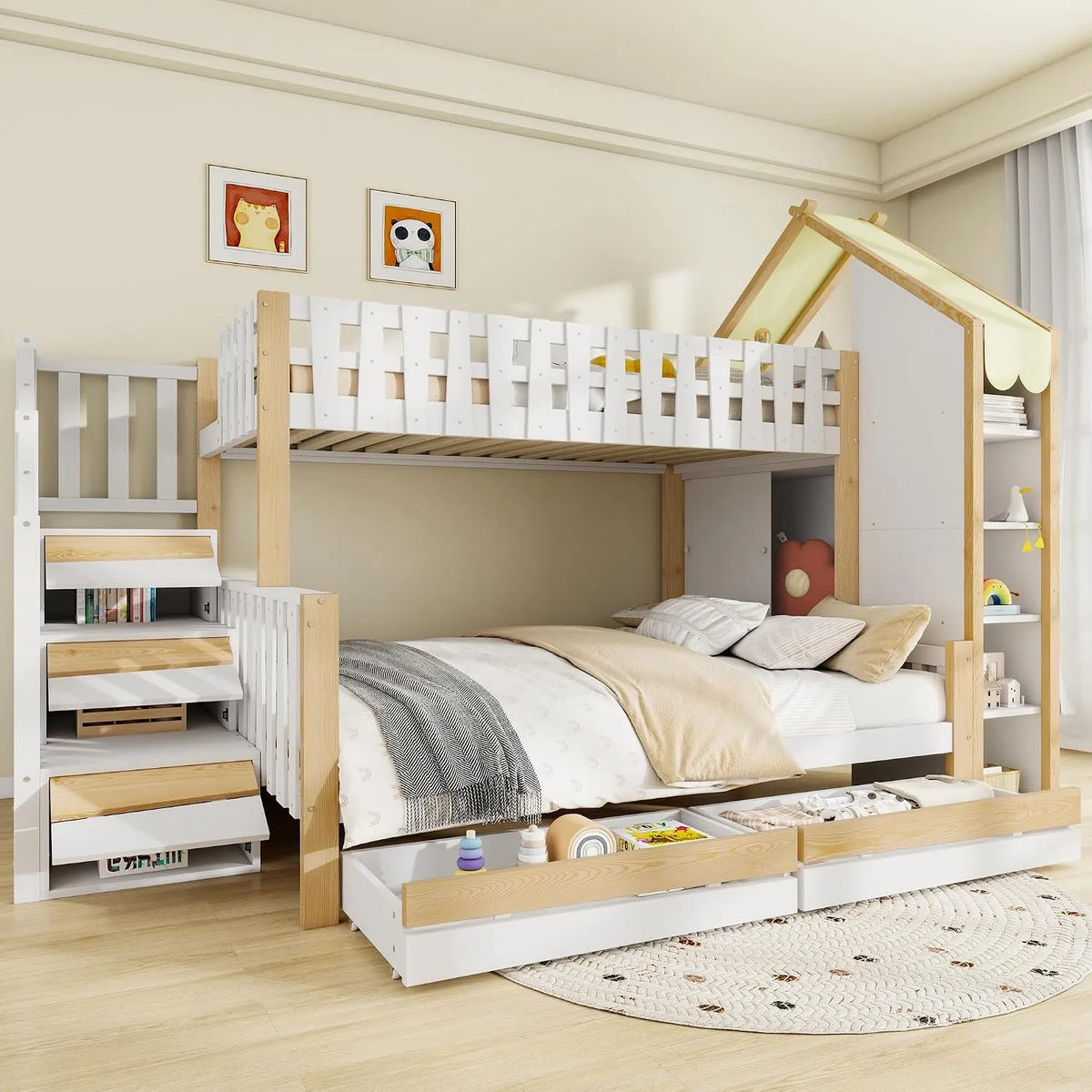 Lit superposé et lit mezzanine – MDF, pour enfant, en bois, avec tiroirs, avec escalier, 90 × 200cm, blanc, en bois massif