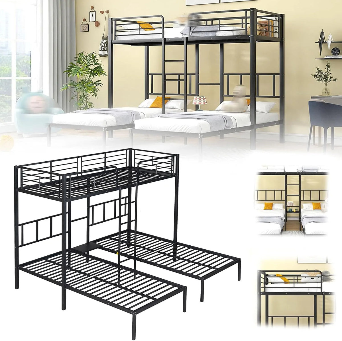 Lit superposé et lit mezzanine — pour enfant, avec barrière anti-chute, avec échelle, 3 Places, 90 × 200cm