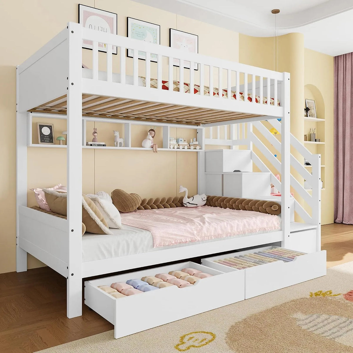 Lit superposé et lit mezzanine – en bois, avec rangement, avec tiroirs, avec armoire, 90 × 200 cm, blanc, revêtement en tissu