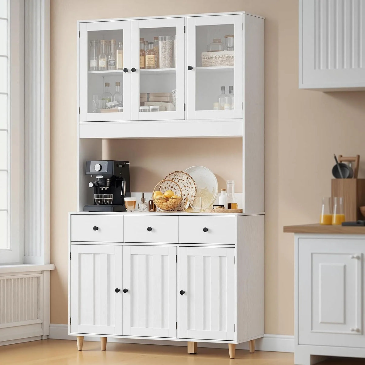 Vitrine et armoire d'exposition: avec tiroirs, affichage LED, 6 Portes, 3 Tiroirs, 180×38×180cm, blanc