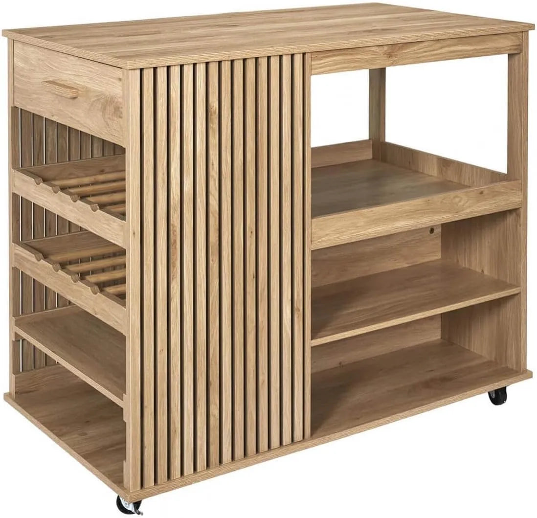 Ilot de Cuisine Multi-Rangement Effet Bois avec Tasseaux — en bois, avec rangement
