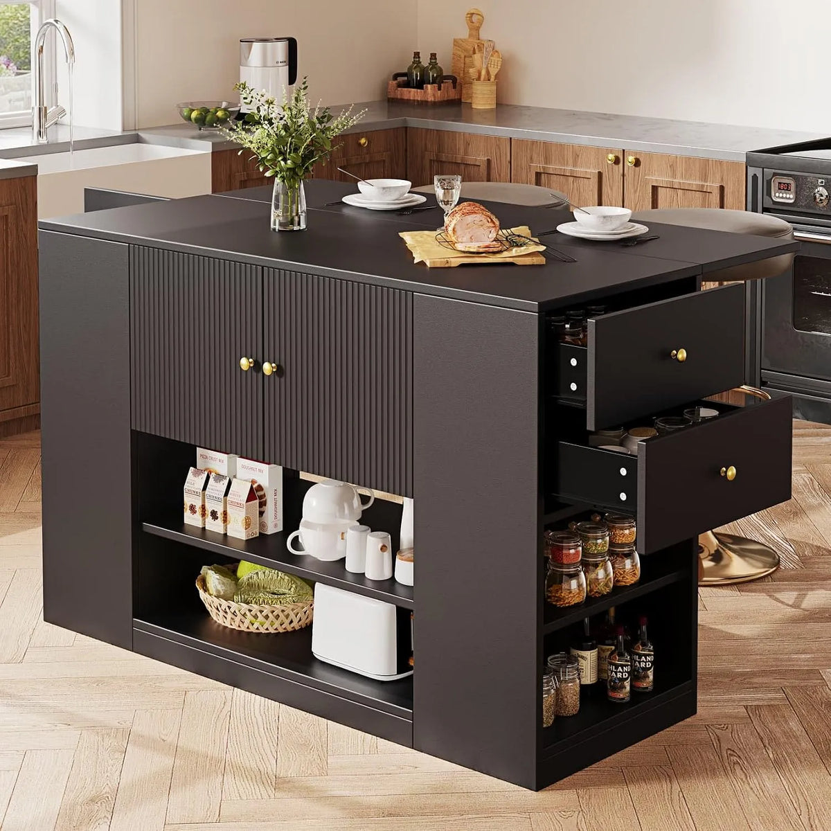 Îlot de Cuisine Moderne avec Plateau de Table Pliable: avec rangement, avec tiroirs, 3 Portes, 2 Tiroirs, 140 × 40, 70 × 90cm, noir