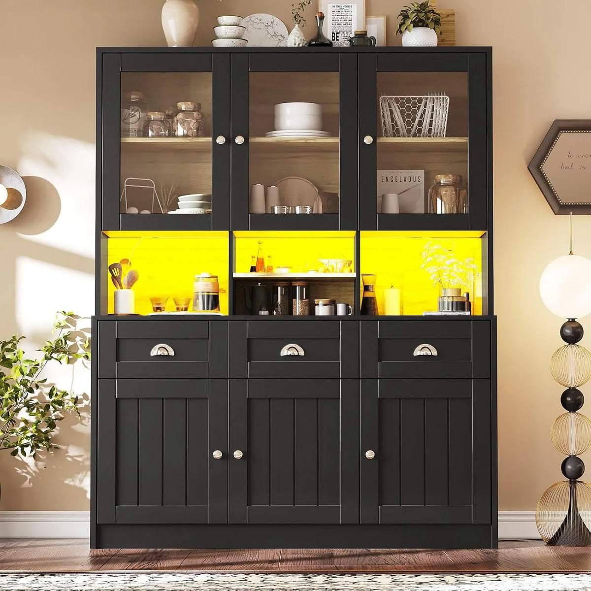 Vitrine et armoire d'exposition: avec rangement, avec tiroirs, affichage LED, 6 Portes, 3 Tiroirs, 140 × 40 × 175 cm, noir