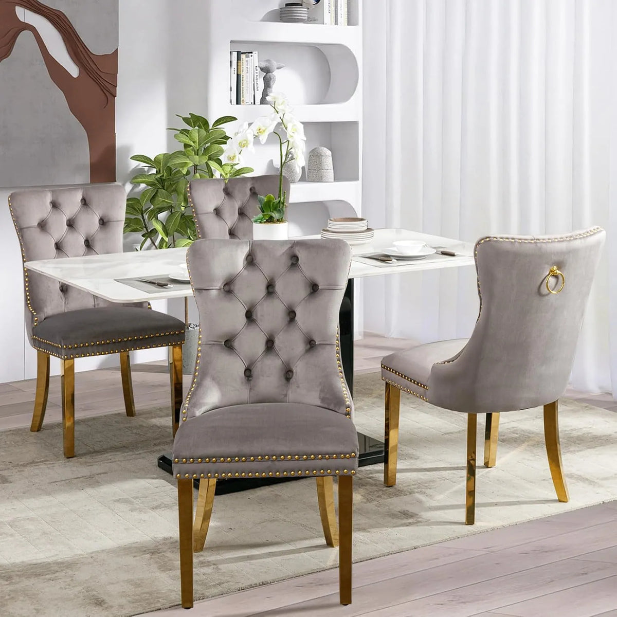 Chaise – en métal, avec dossier, Ensemble de 4, gris, revêtement en velours