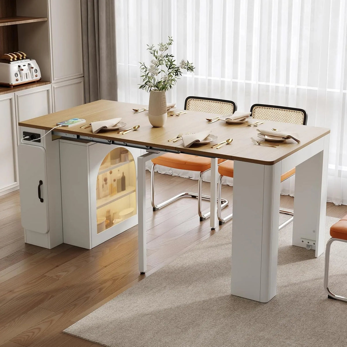 Table de Bar Extensible avec Rangement et Plateau Amovible – RGB, avec port USB, éclairage RGB, affichage LED, blanc, avec roulettes