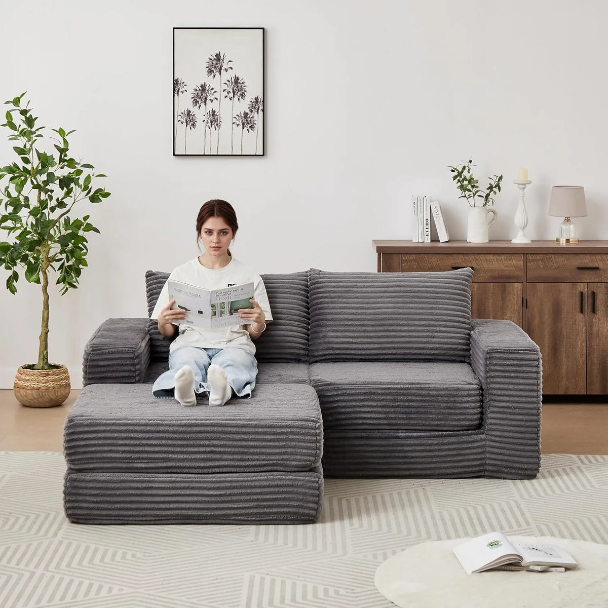 Canapé modulaire — AVCE, avec gants de boxe, en velours côtelé, avec accoudoirs, 2 Places, 194 × 169.5 × 74cm, gris