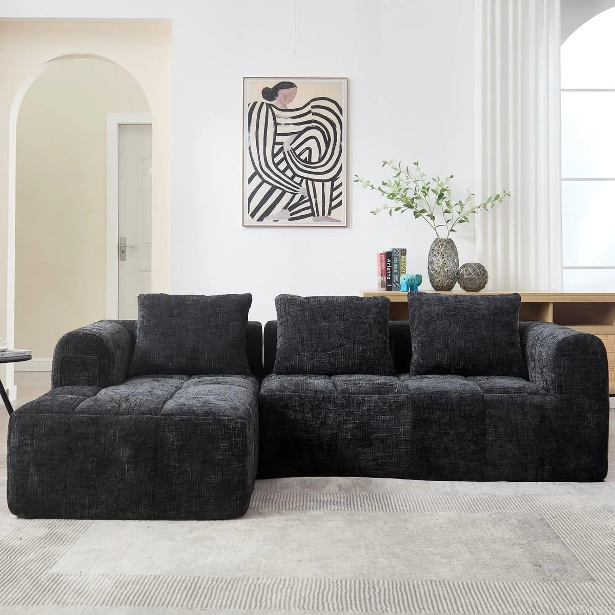 Canapé d'angle et canapé panoramique — Moderne DIY, en chenille, revêtement en tissu, avec accoudoirs, avec coussins, 3 Places, noir