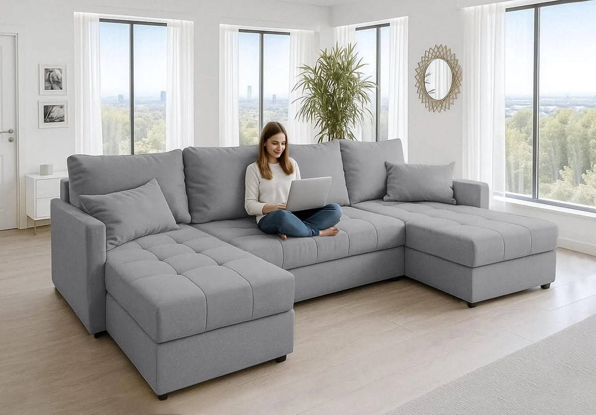 Canapé d'angle et canapé panoramique – 287 cm, gris, avec fonction couchage
