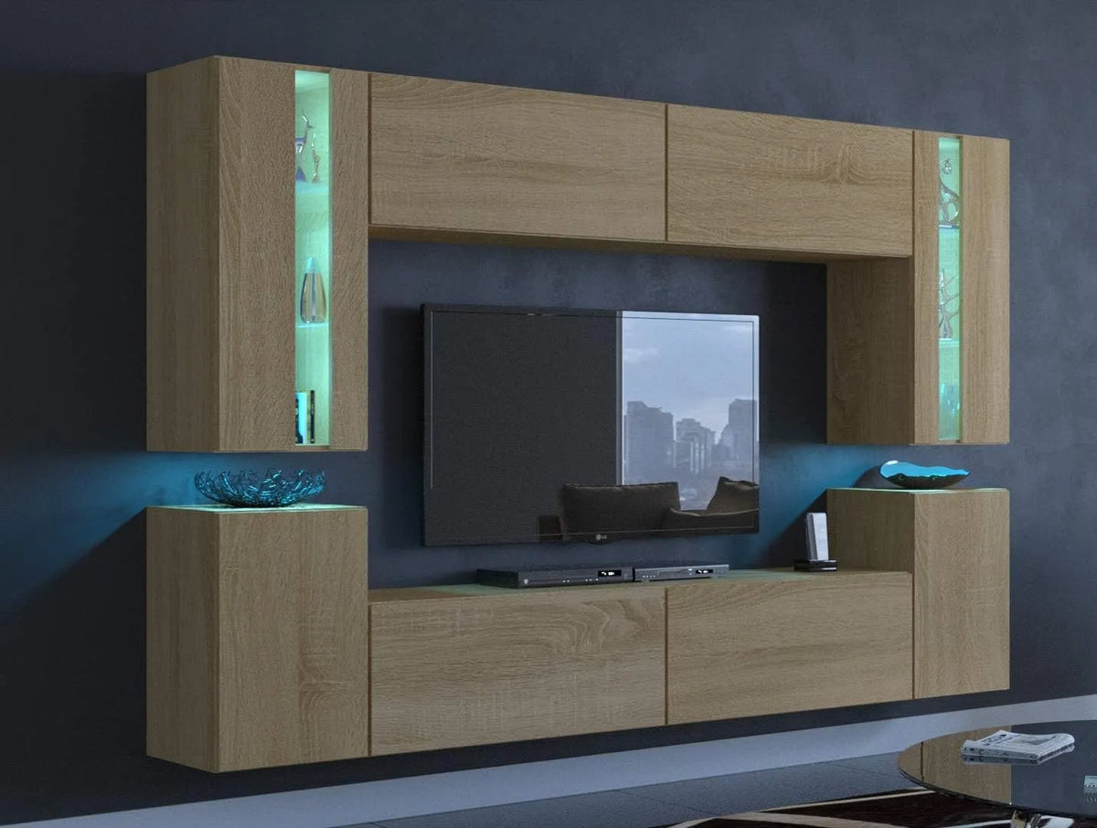 Vitrine et armoire d'exposition – montage mural, avec rangement, affichage LED, bleu