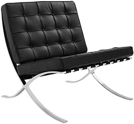 Fauteuil et chaise rembourrée de salon moderne en cuir avec cadre en acier – en acier inoxydable, noir
