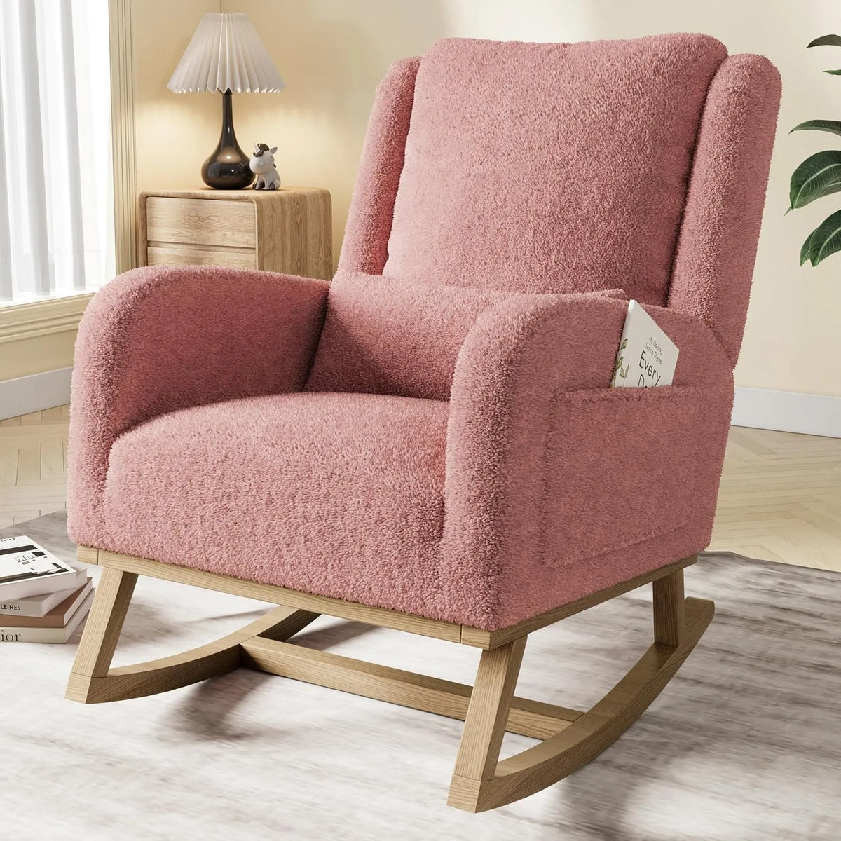 Fauteuil et chaise rembourrée à bascule — revêtement en tissu, avec accoudoirs, avec coussins, rose