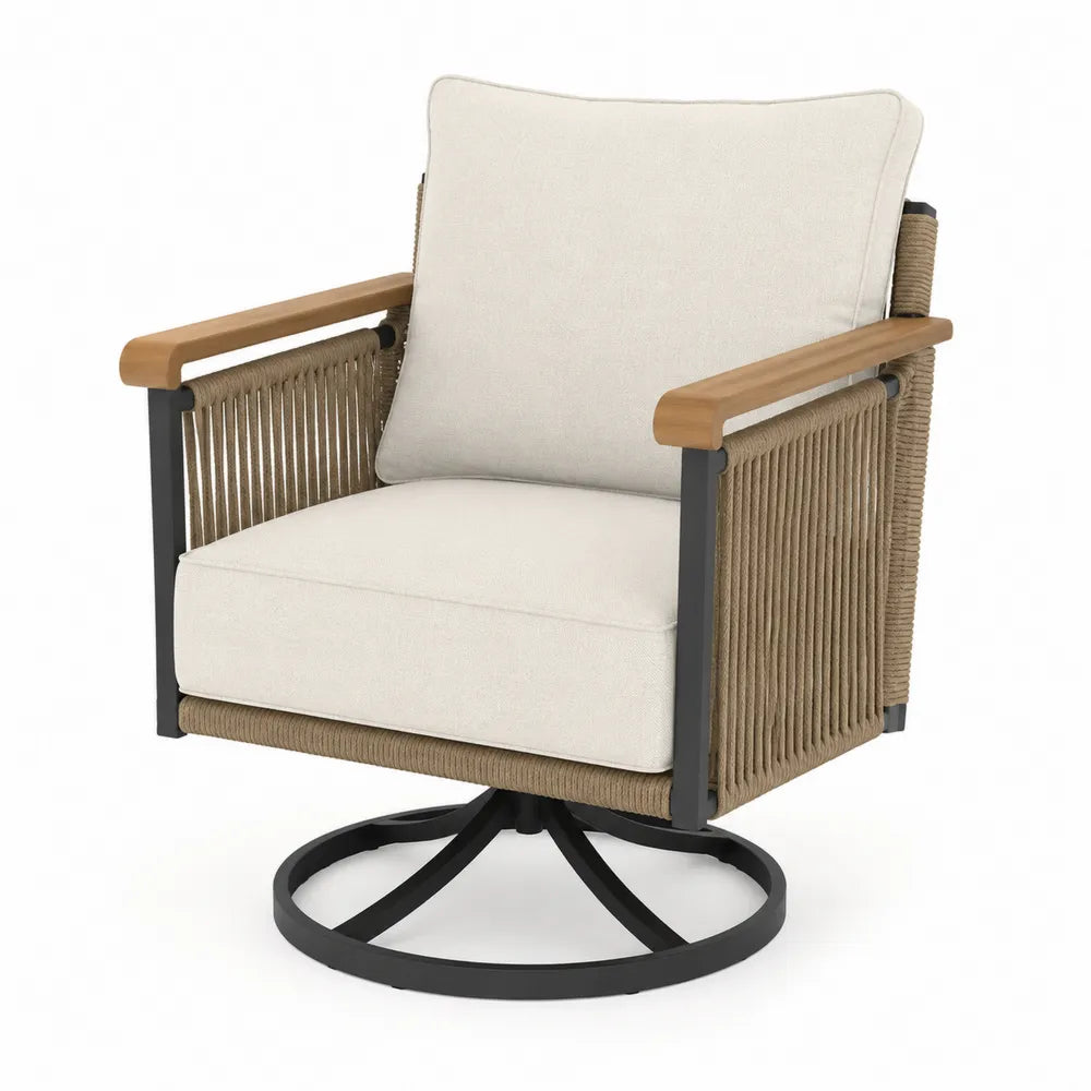 Chaise pivotante d'extérieur en acier et corde avec coussins amovibles
