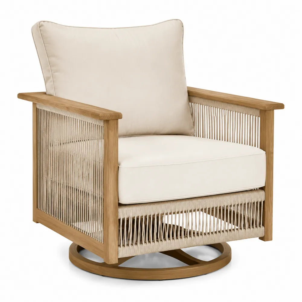Fauteuil pivotant en bois de teck et corde beige