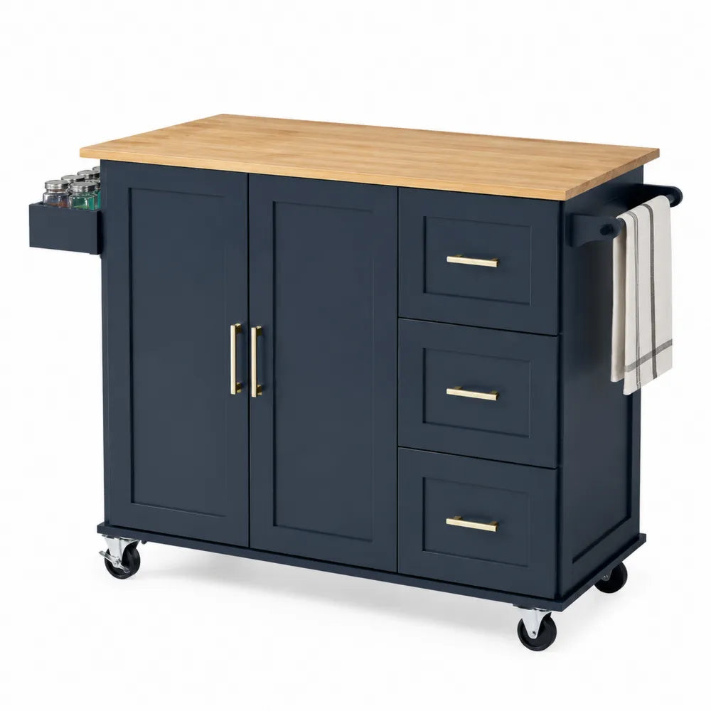 Chariot de cuisine en bois et métal avec tiroirs et étagères bleu foncé
