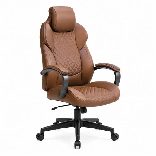 Chaise de bureau en cuir synthétique marron avec accoudoirs et appui-tête