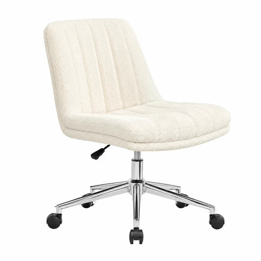 Chaise de Bureau Réglable en Tissu Bouclé Crème avec Piètement en Métal Chromé