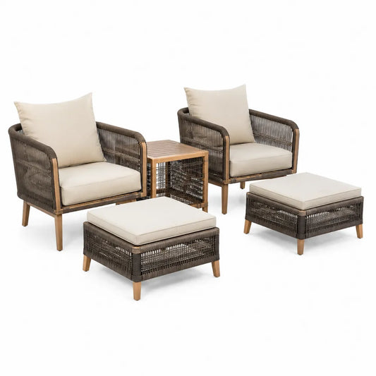 Ensemble de Mobilier de Jardin en Corde, Aluminium et Bois Marron avec Coussins Beiges