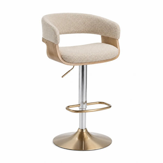 Tabouret de bar en bois et métal réglable en laine bouclée beige
