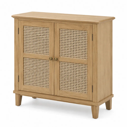 Buffet en bois et rotin 2 portes chêne clair 80cm
