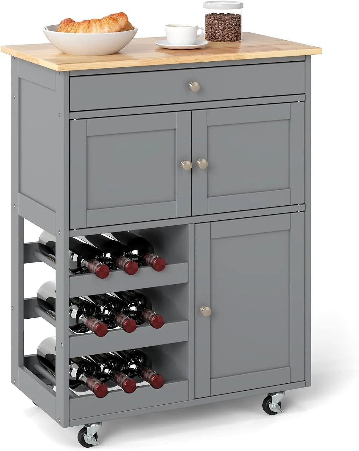 COSTWAY Desserte de Cuisine à roulettes: en bois, avec rangement, avec tiroirs, avec roulettes, 3 Niveau ×, 37 × 67 × 86 cm, gris
