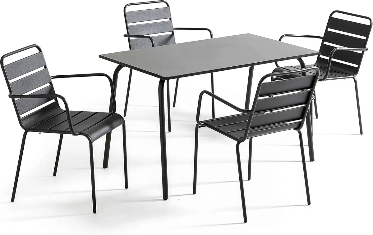 Oviala Ensemble Table de jardin et table de terrasse et 4 fauteuils en métal — Palavas, anthracite