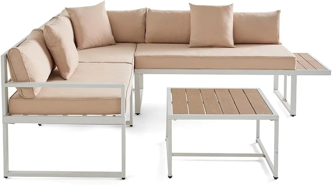 Salon de jardin et ensemble lounge: en acier, avec coussins, 5 Places, blanc