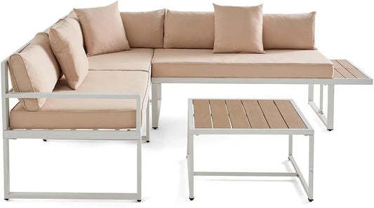 Salon de jardin et ensemble lounge: en acier, avec coussins, 5 Places, blanc